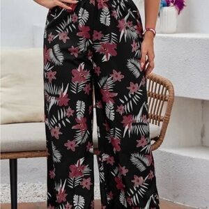 Black and Pink Wide Leg Pants with Tropical Print